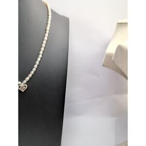 Brighton Freshwater Pearl Necklace Single Crystal Scroll Heart Pendant Silvertne